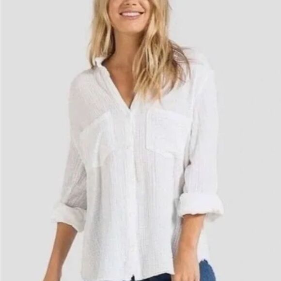 Cloth & Stone L White button down shirt with roll up sleevess raw hem - Picture 1 of 8